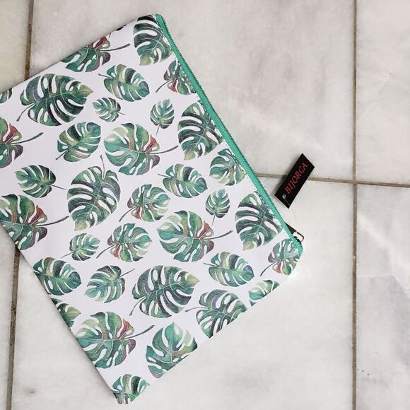 BIJORCA Green White Monstera Leaves Zippered Canvas Pouch NEW - Picture 3 of 4